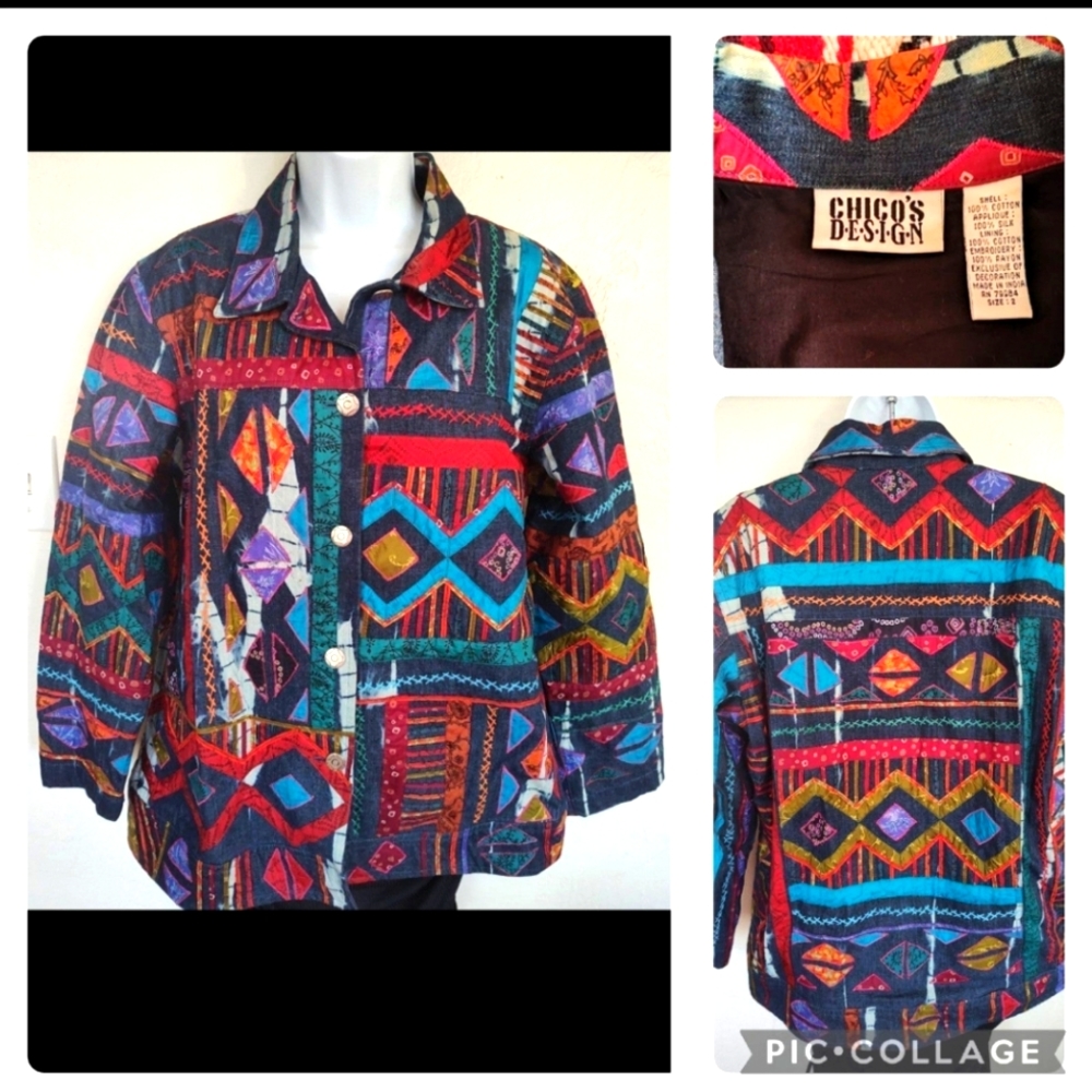 Vintage jean jacket Blazer Chico's 90s patchwork silk cotton colorful
